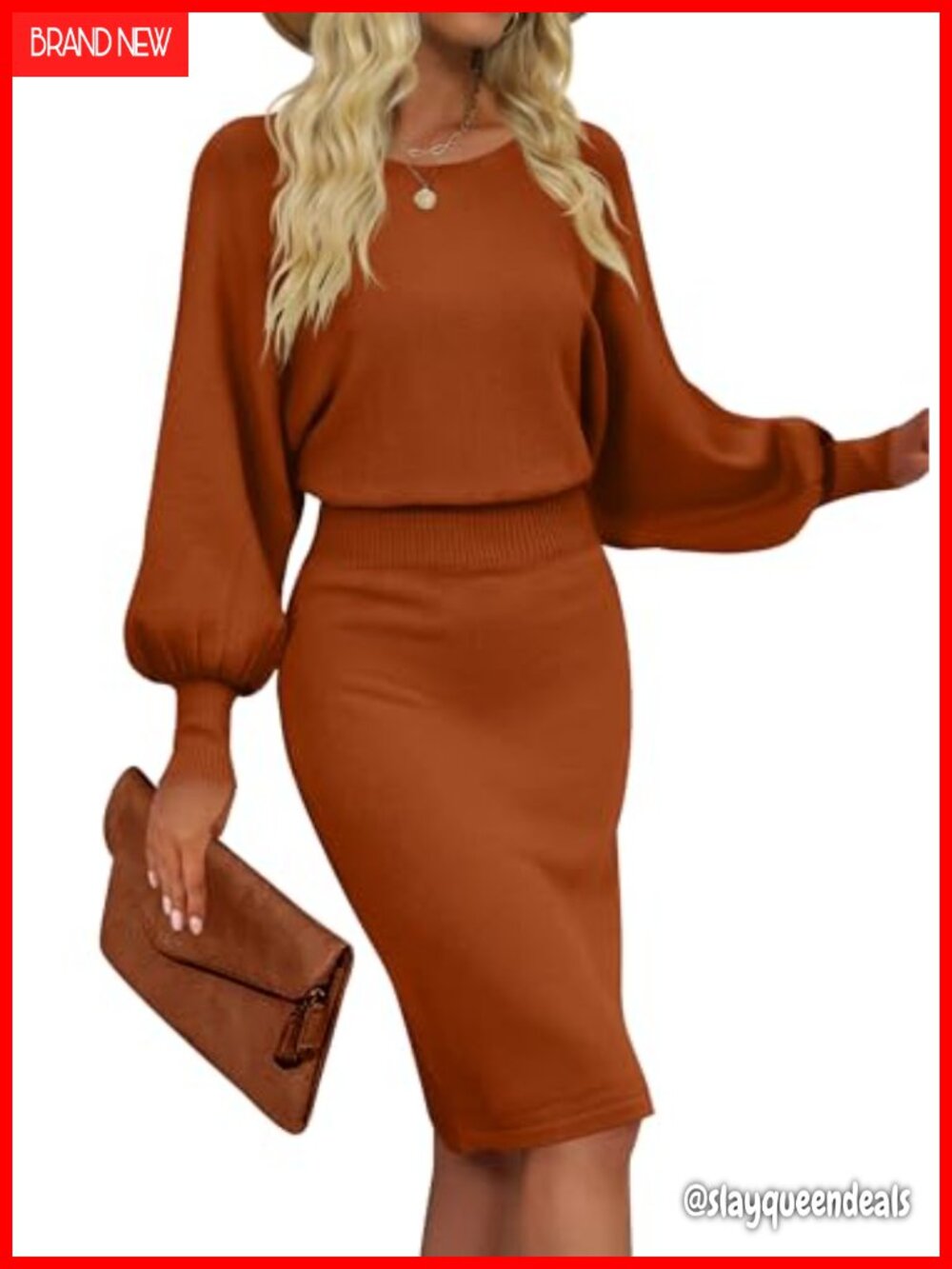 Women's Long Puff Sleeve Bodycon Midi Sweater Dress Ribbed Knit Pullover